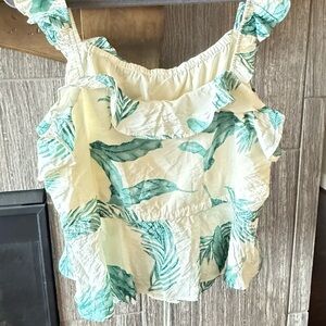 Tropical Leaf Print Ruffle Top